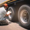 mechanic driver checking the truck wheels and tires